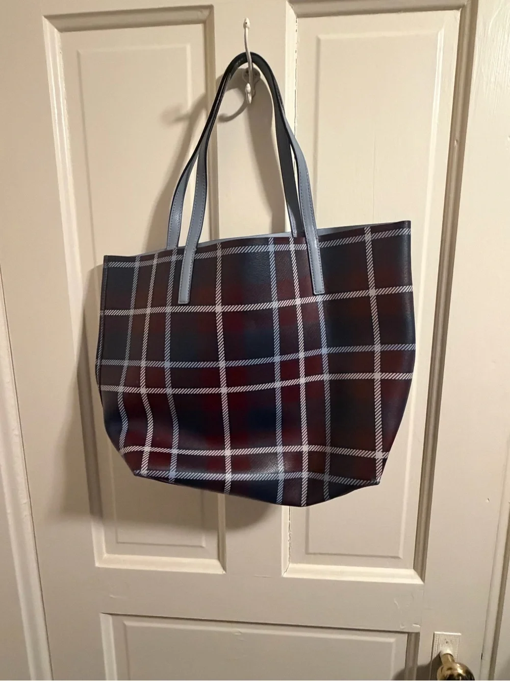 kate spade Plaid Leather Tote - Navy & Burgundy with Light Blue Handles